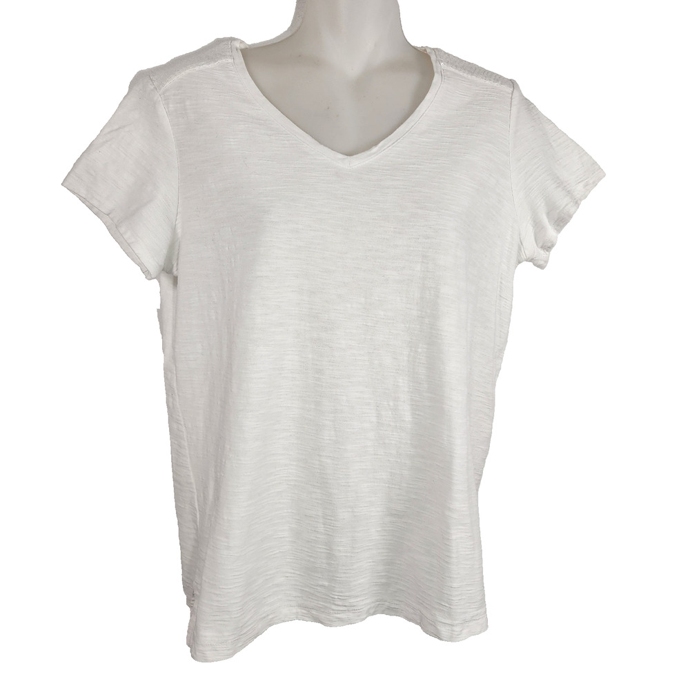Chico's Zenergy Womens Top Slub Knit Sequin Yoke V Neck Short Sleeve Small White